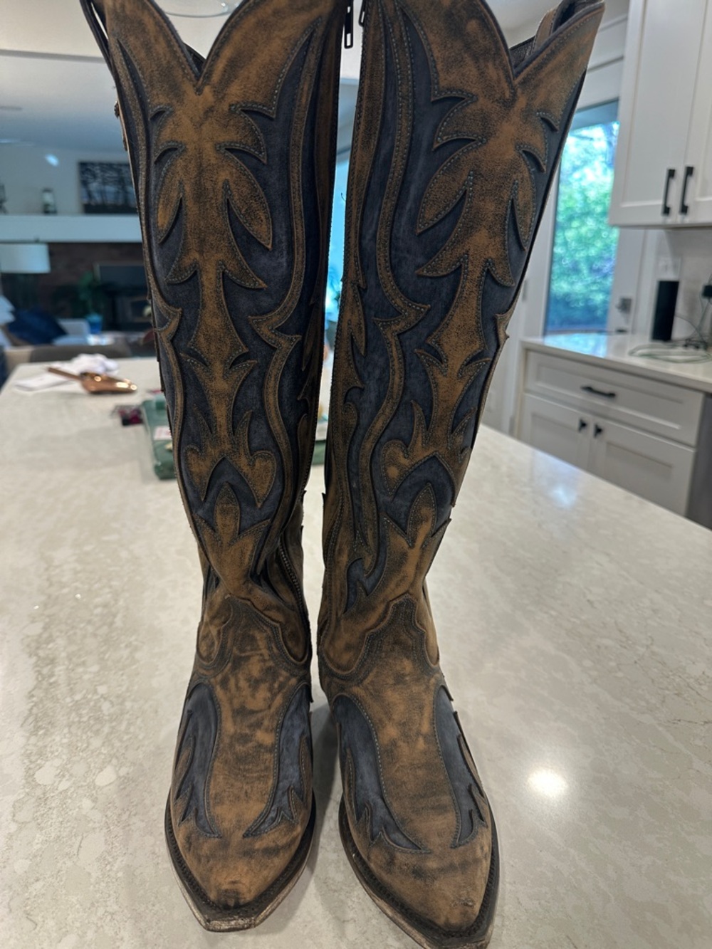 Liberty Black like New! 7.5 Western Knee-High Cowboy Boots tan and blue